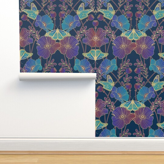 Spoonflower; Jewel Tone Poppies Art Nouveau Poppy And Butterfly Blue Aqua Purple Large Scale Floral Custom Removable Wallpaper by Spoonflower Peel & Stick Wallpaper 2FT Wide; Category:Wallpaper; Image:1